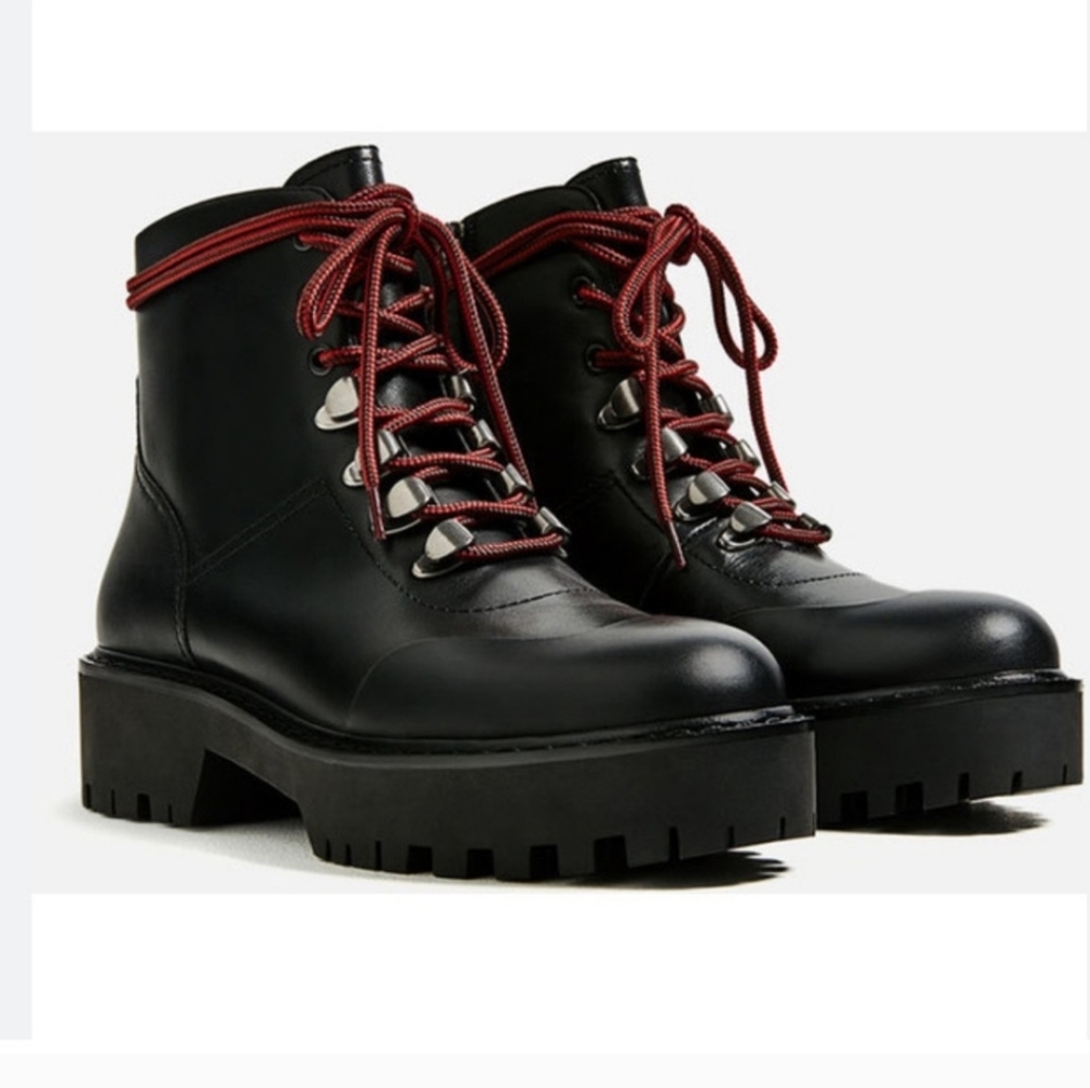 Zara Woman Black Leather Lug Sole Lace Up Ankle Combat Boots